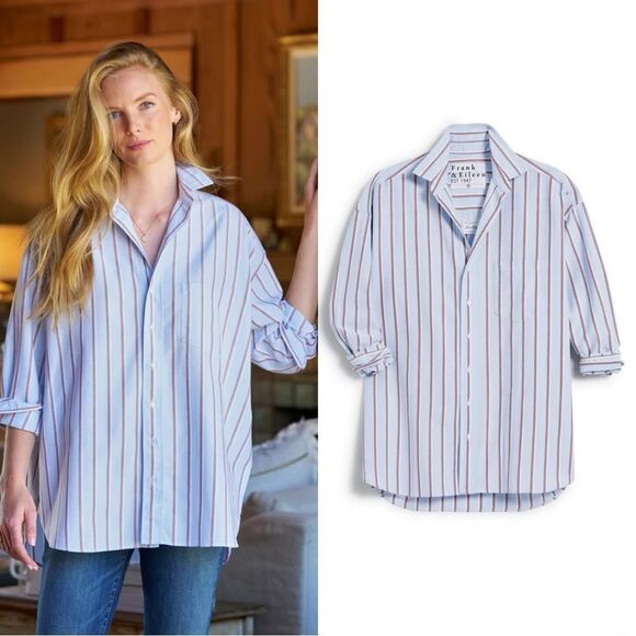 Frank & Eileen Tops - NEW Frank & Eileen SHIRLEY Oversized Shirt in Superluxe Light Blue Maroon Stripe